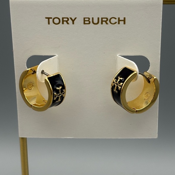 Tory Burch Kira Gold Tone and Black Enamel Hoop Hinged Huggie Earrings - Picture 1 of 5